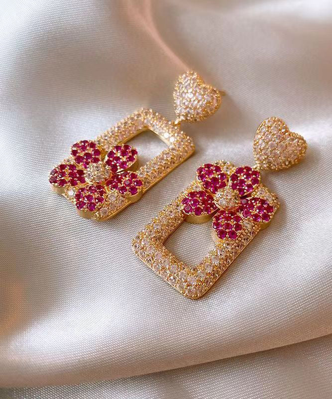 Pendientes colgantes rectangulares con diseño floral de amor y circonitas doradas en plata de ley rosa moderna
