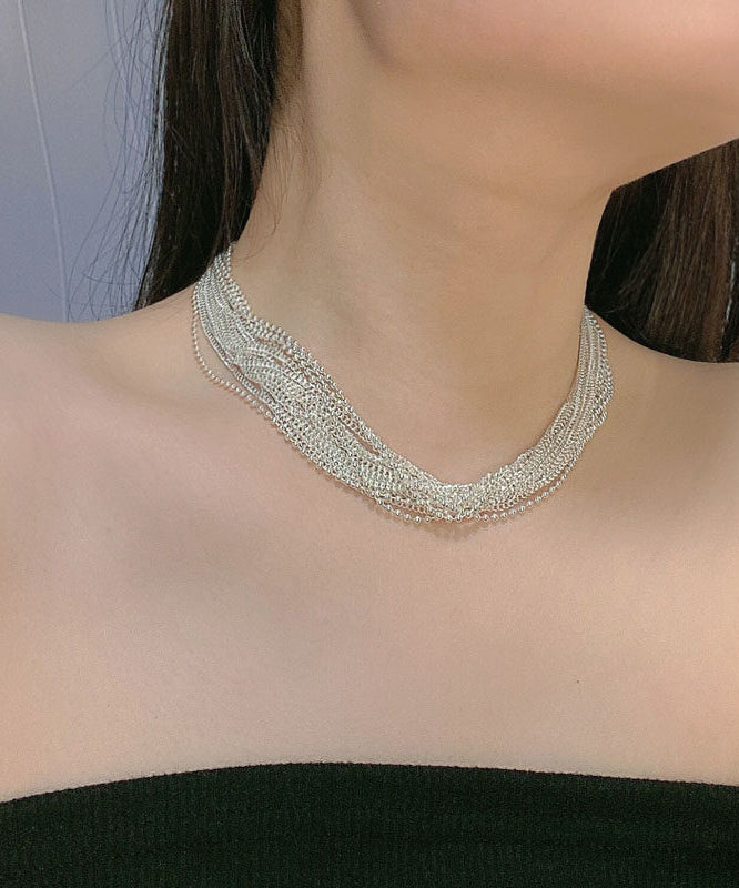 Modern Silk Silver-Plated Multiple Layers Gratuated Bead Necklace