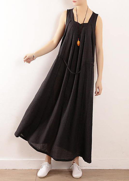 Modern Sleeveless drawstring linen clothes plus size design black cotton Dress Summer - SooLinen