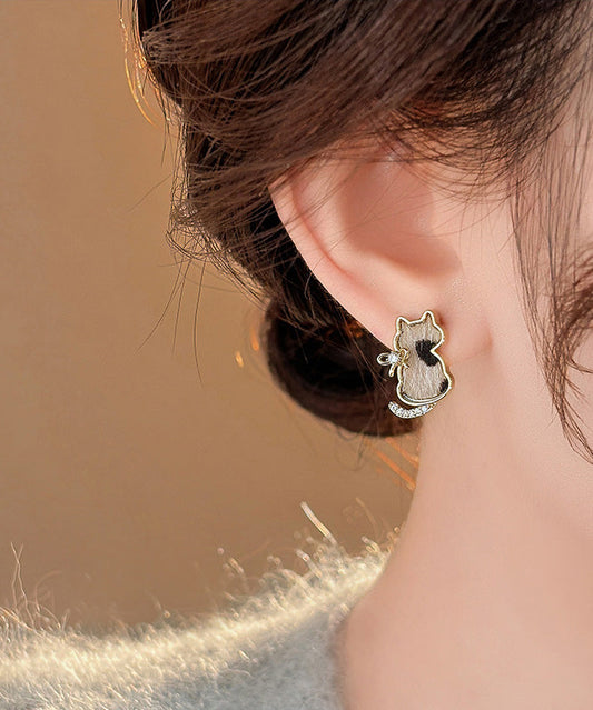 Modern Srerling Silver Overgild Zircon Little Cats Stud Earrings