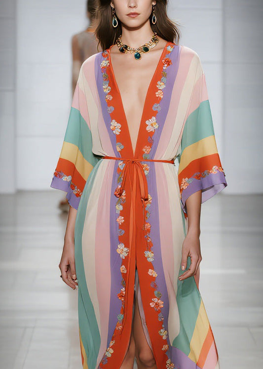 Modern V Neck Floral Lace Up Chiffon Cardigans Dress Summer