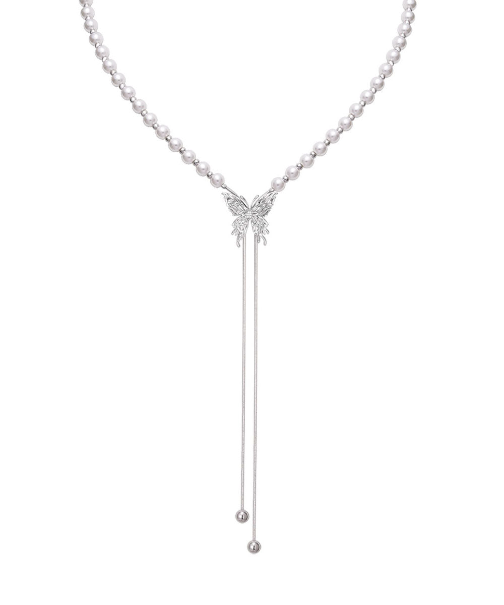 Modern White Copper Overgild Pearl Butterfly Retractable Lariat Necklace