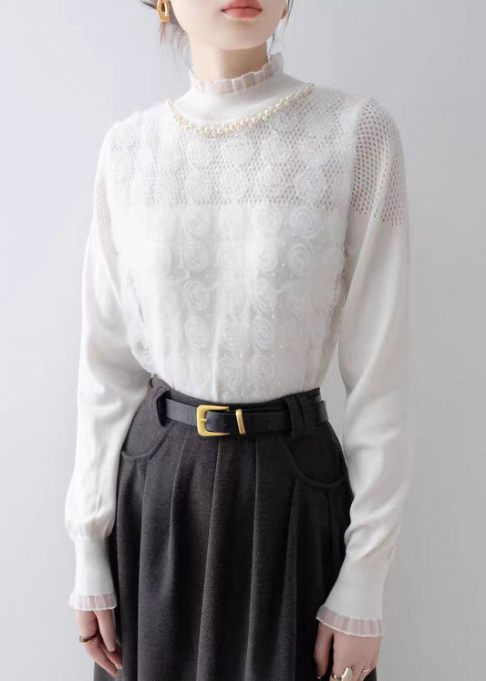 Modern White Ruffled Floral Knit Top Spring