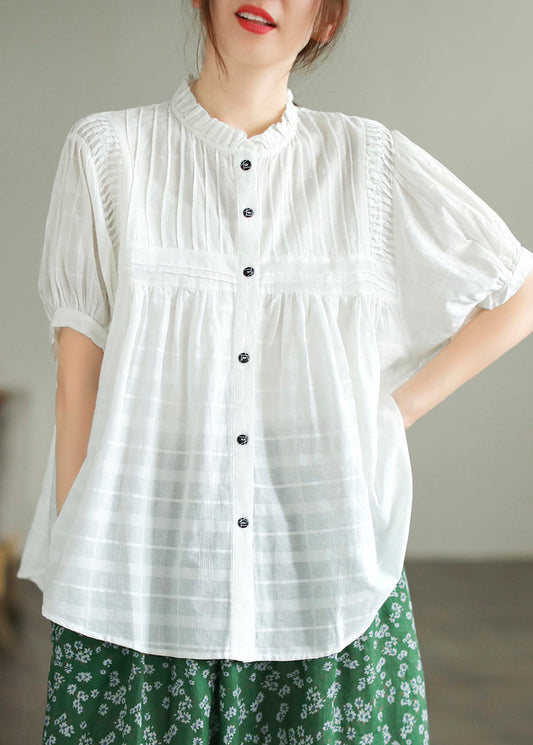 Modern White Stand Collar Wrinkled Cotton Top Summer