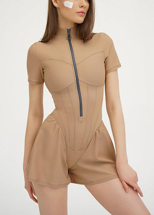 Modern White Stand Collar Zippered Bodysuit Tops