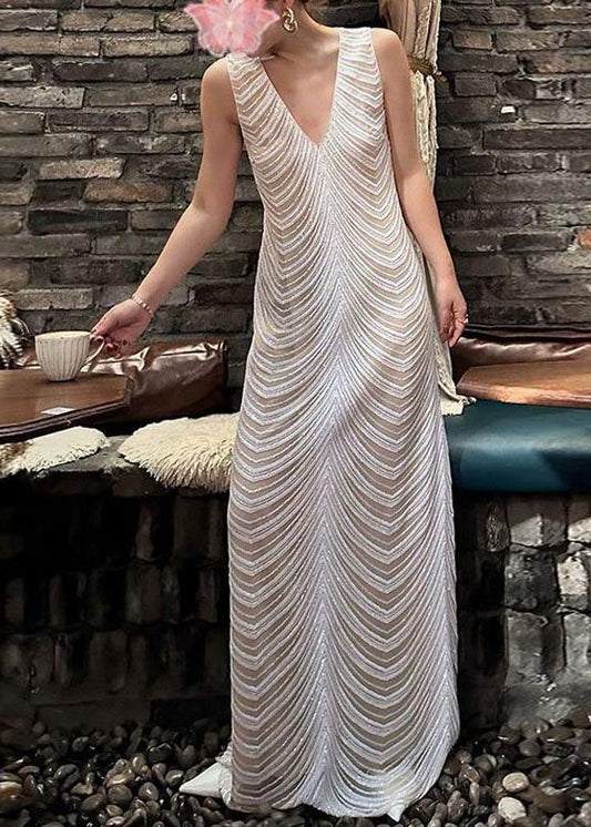 Modern White V Neck Striped Cotton Beach Dress Sleeveless