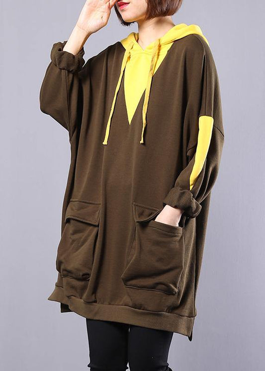 Modern army green patchwork cotton blouse women hooded oversized autumn tops - SooLinen