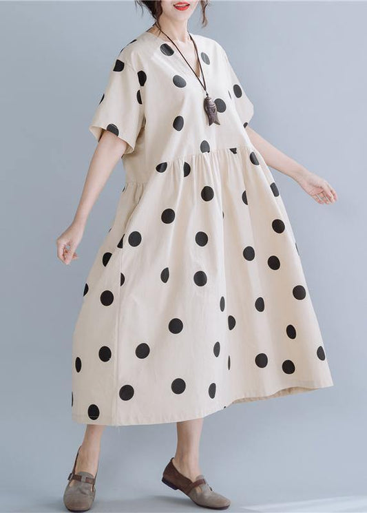Modern beige dotted cotton Tunics v neck long summer Dress - SooLinen