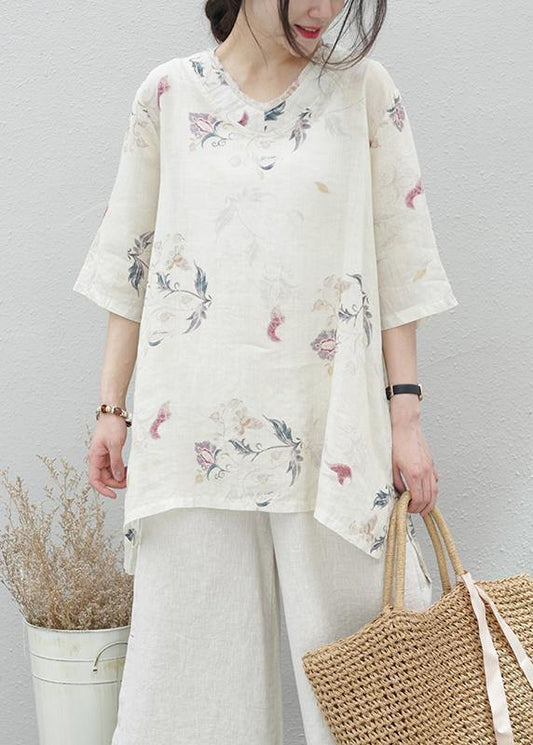 Modern beige print linen tunics for women v neck half sleeve baggy summer blouse - SooLinen