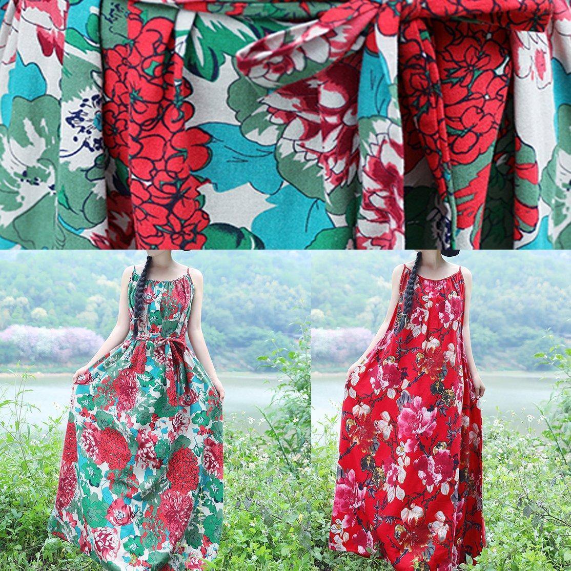 Modern big hem cotton clothes Tunic Tops green prints Dresses summer - SooLinen