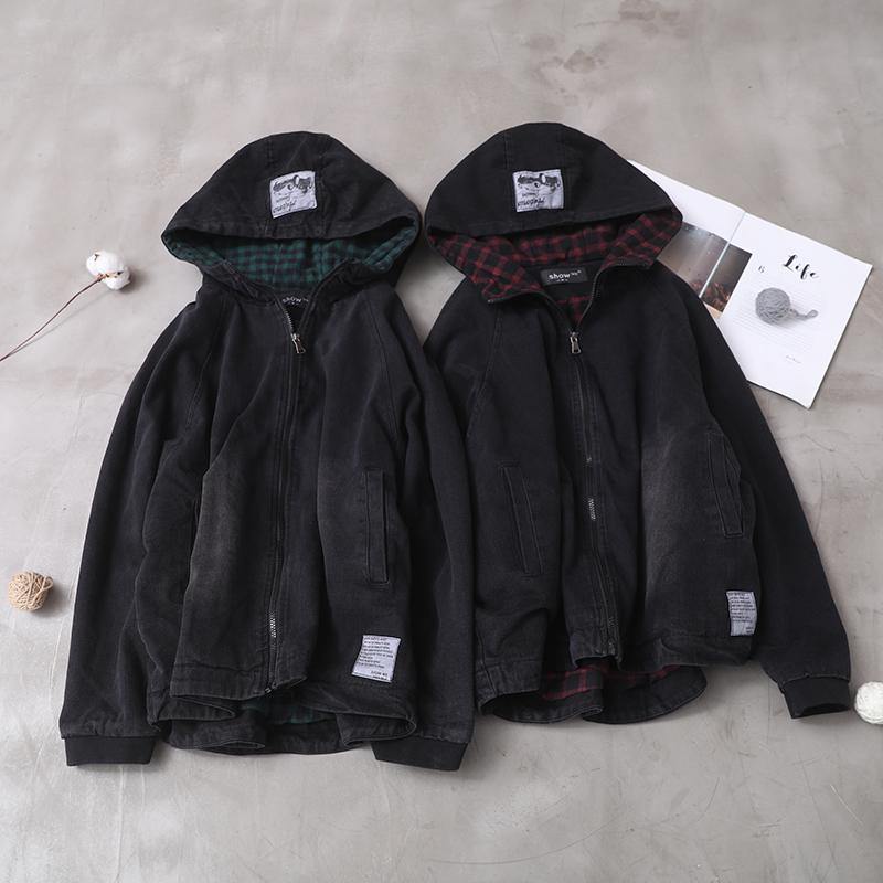 Modern black Fine crane coat Photography denim hooded short coats - SooLinen