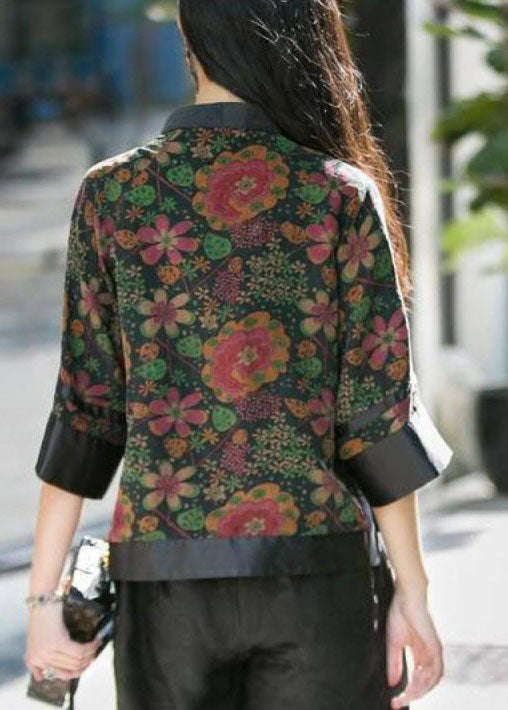 Moderne schwarze Stehkragen Knopfdruck Patchwork Seidentops Frühling