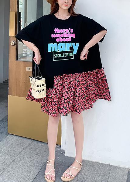 Modern black alphabet print cotton clothes For Women asymmetric patchwork A Line summer Dresses - SooLinen