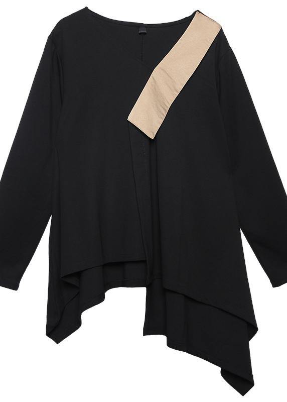 Modern black asymmetric cotton linen tops women v neck silhouette fall blouses - SooLinen