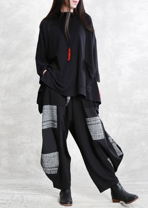 Modern black cotton blouses for women asymmetric daily shirts - SooLinen