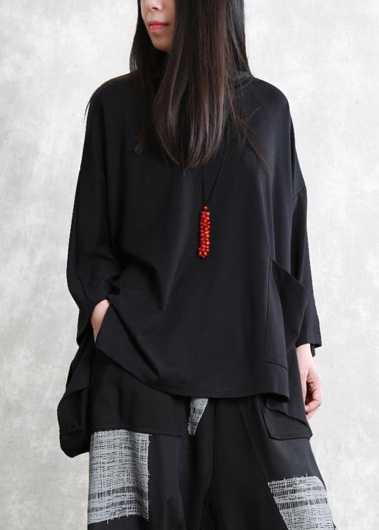 Modern black cotton blouses for women asymmetric daily shirts - SooLinen