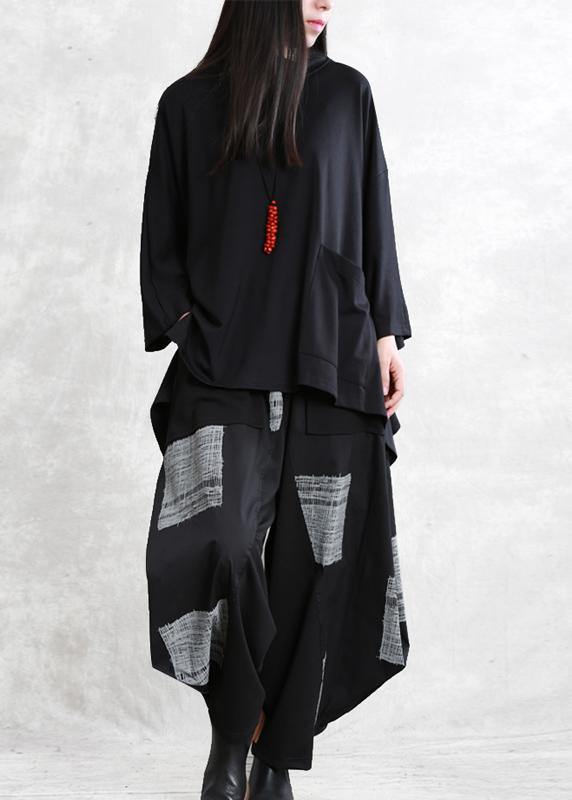 Modern black cotton blouses for women asymmetric daily shirts - SooLinen
