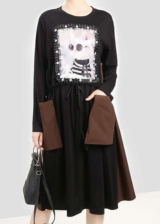 Modern black cotton quilting clothes cat prints Plus Size patchwork pockets Dress - SooLinen