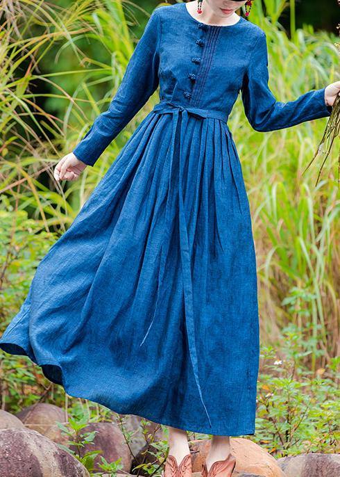 Modern blue clothes For Women o neck exra large hem long spring Dresses - SooLinen