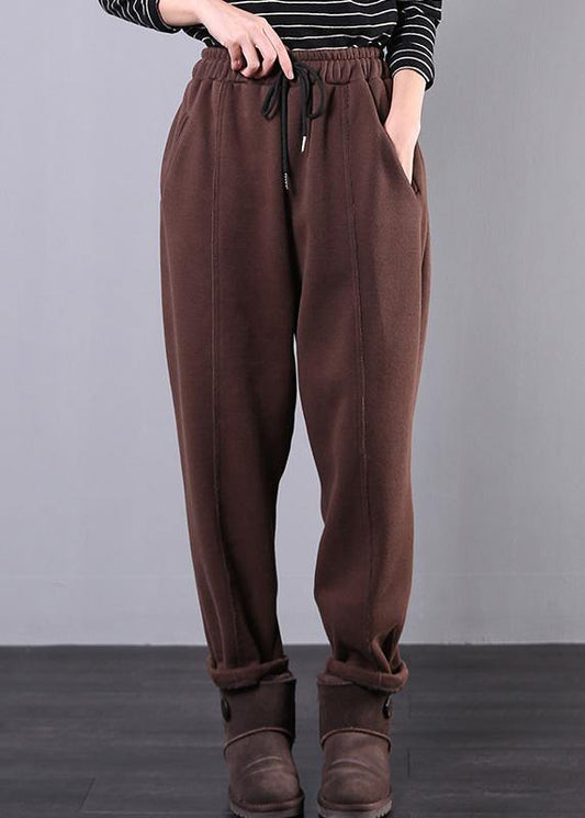 Modern chocolate trousers plus size fall drawstring pockets Outfits harem pants - SooLinen
