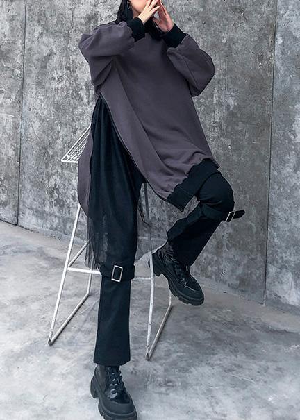 Modern gray cotton clothes For Women patchwork tunic o neck Sweatshirt - SooLinen