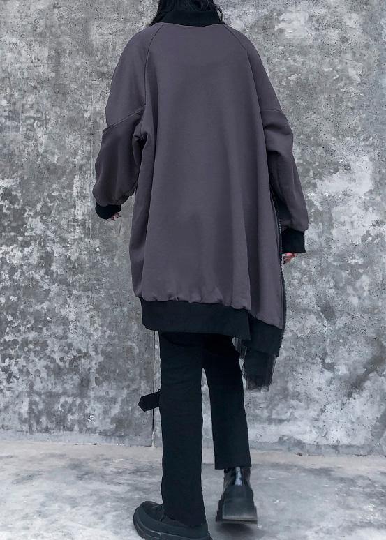Modern gray cotton clothes For Women patchwork tunic o neck Sweatshirt - SooLinen
