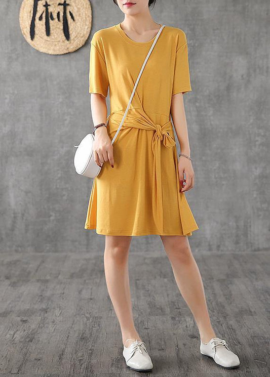 Modern green cotton clothes For Women o neck Bow Art summer Dress - SooLinen