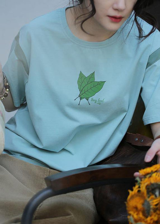 Modern green print cotton blouses for women o neck Midi summer blouses - SooLinen