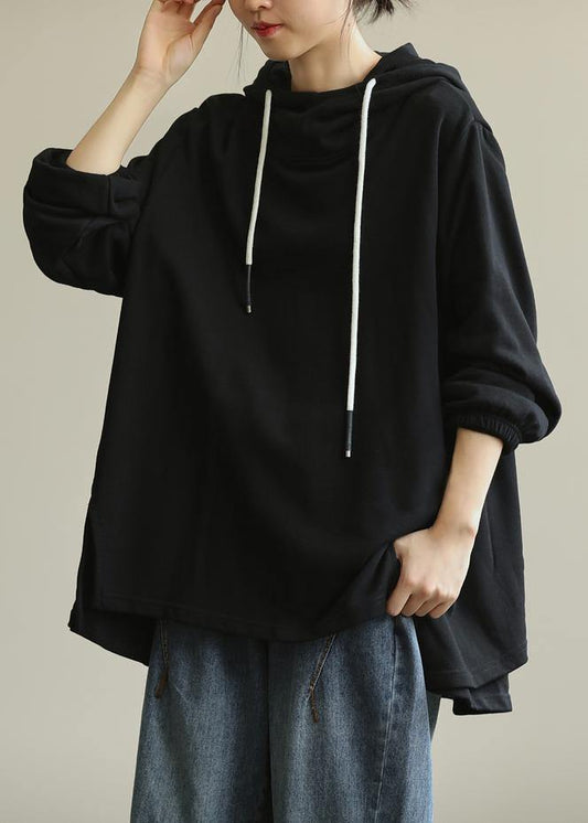 Modern hooded drawstring tunic top Cotton black shirt - SooLinen