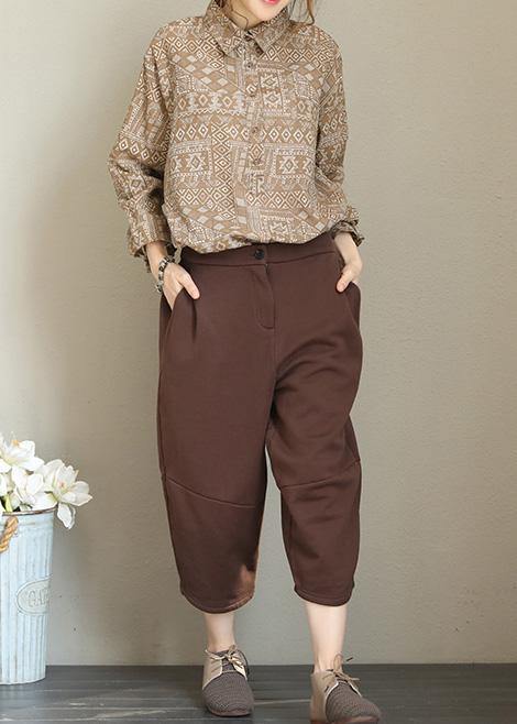 Modern khaki prints cotton linen crane tops Tutorials lapel collar long sleeve tops - SooLinen