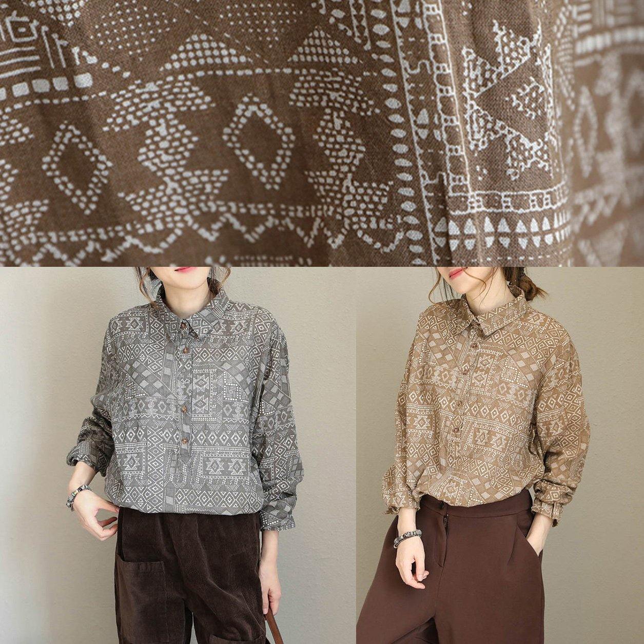 Modern khaki prints cotton linen crane tops Tutorials lapel collar long sleeve tops - SooLinen