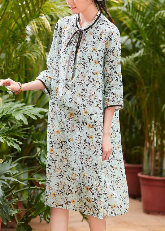 Modern light green linen Robes stand collar pockets daily summer Dresses - SooLinen