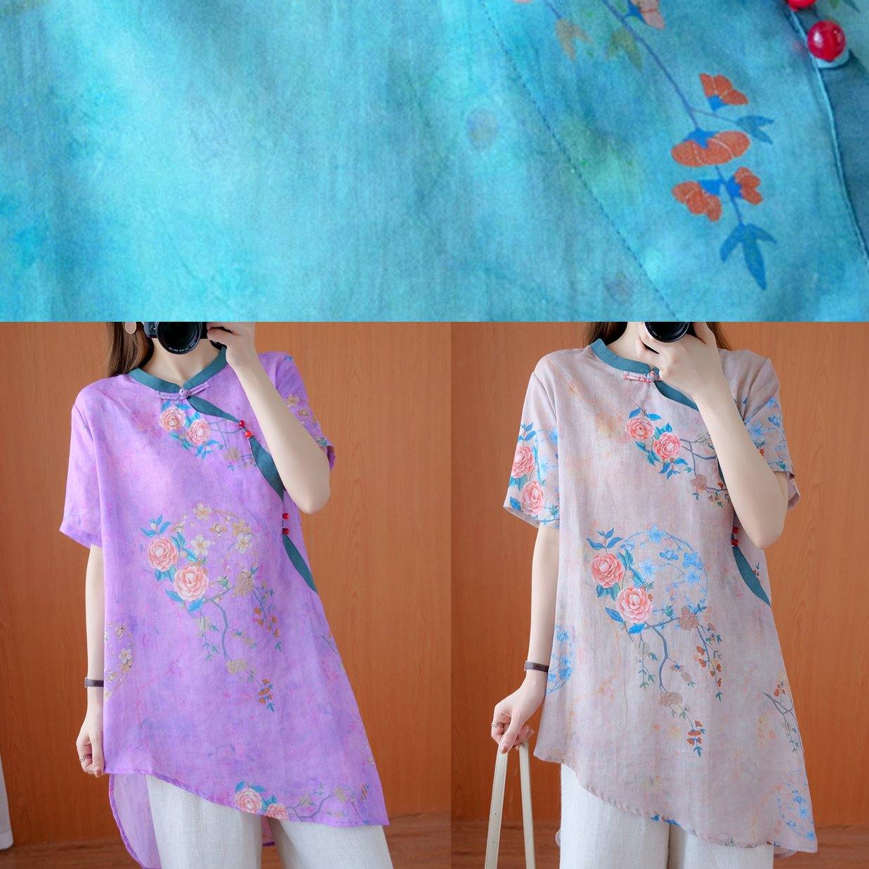 Modern light pink print top stand collar asymmetric Art tops - SooLinen