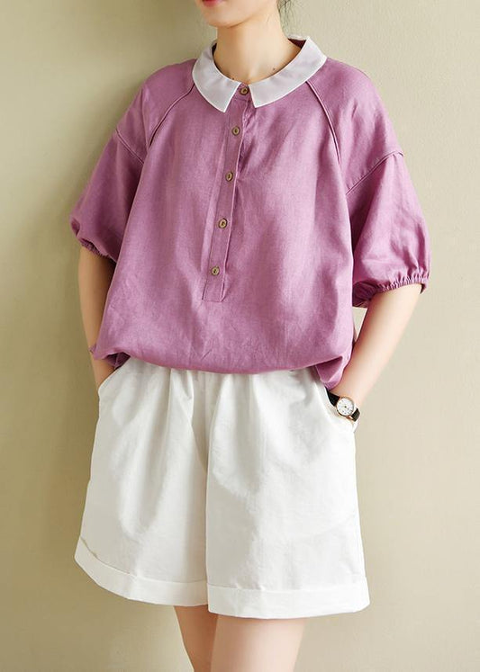 Modern light purple clothes For Women lapel half sleeve silhouette summer shirts - SooLinen