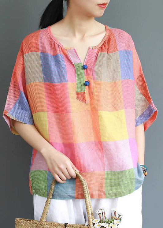Modern linen Blouse Fashion Sweet Colored Plaid Casual Linen T-Shirt - SooLinen