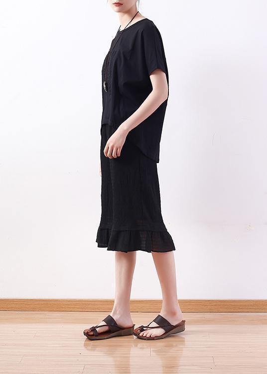 Modern o neck Batwing Sleeve cotton Tunic Sewing black shirt - SooLinen