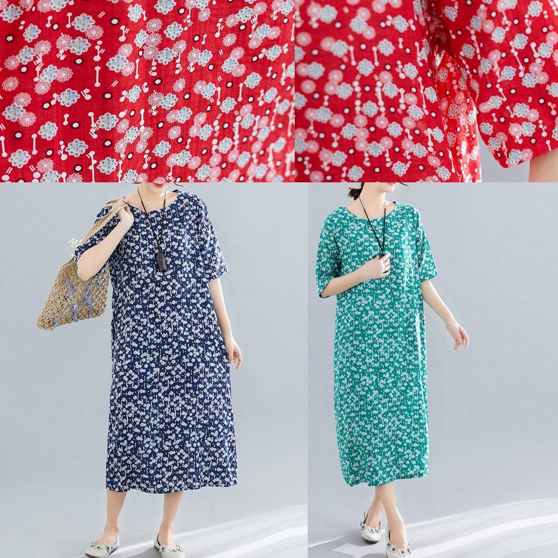 Modern o neck pockets linen cotton clothes Runway green print Dress summer - SooLinen