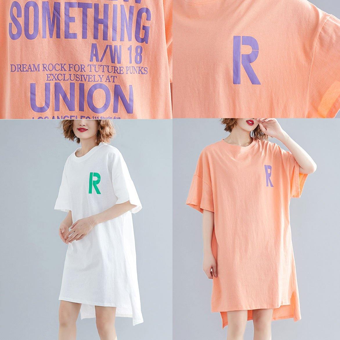 Modern o neck side open linen Runway white print Dresses summer - SooLinen