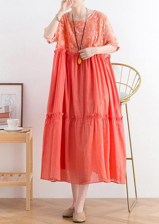 Modern orange cotton Tunic organza patchwork o neck long summer Dresses - SooLinen