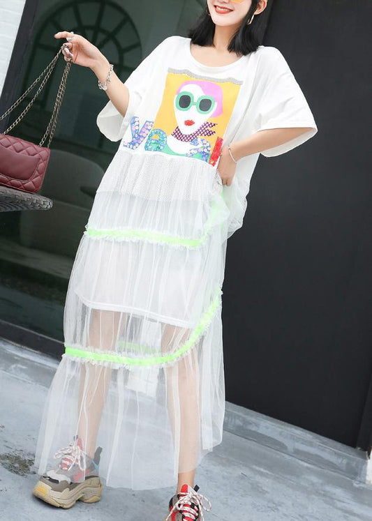 Modern patchwork tulle clothes Shirts white prints Dresses summer - SooLinen