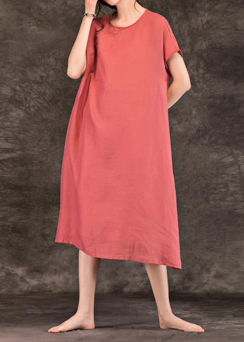 Modern pink linen Long Shirts o neck short sleeve Plus Size summer Dresses - SooLinen