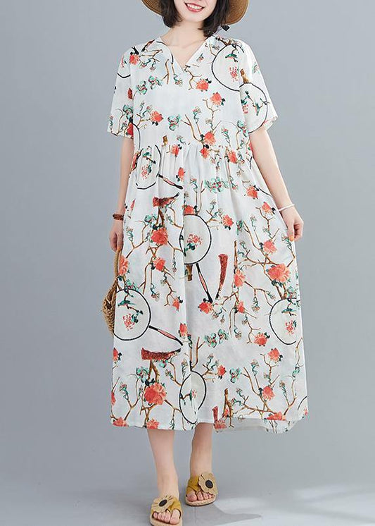 Modern white print tunics for women v neck short sleeve Art summer Dresses - SooLinen