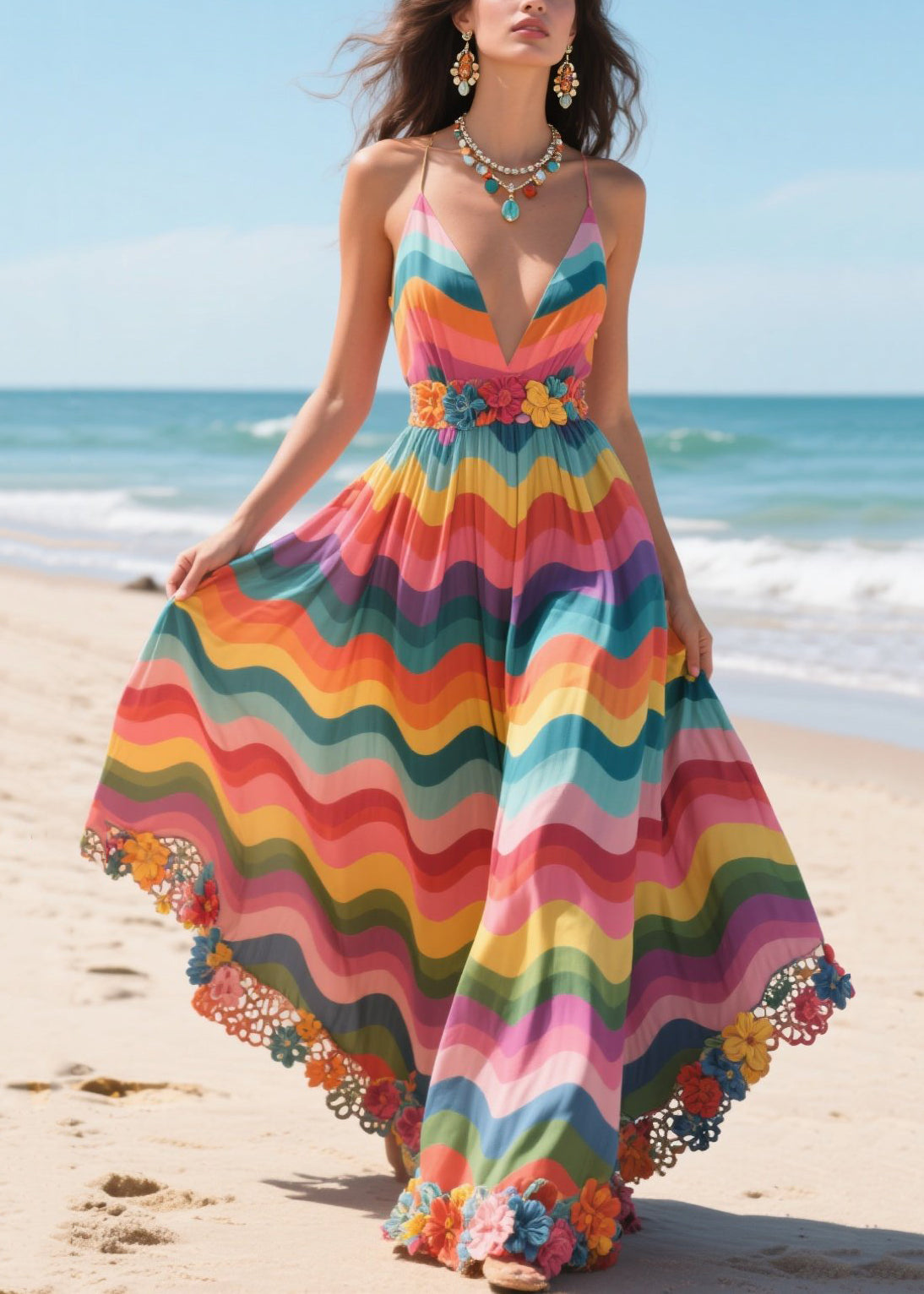 Multicolour Striped Patchwork Lace Vacation Dresses Deep-V Neck Summer