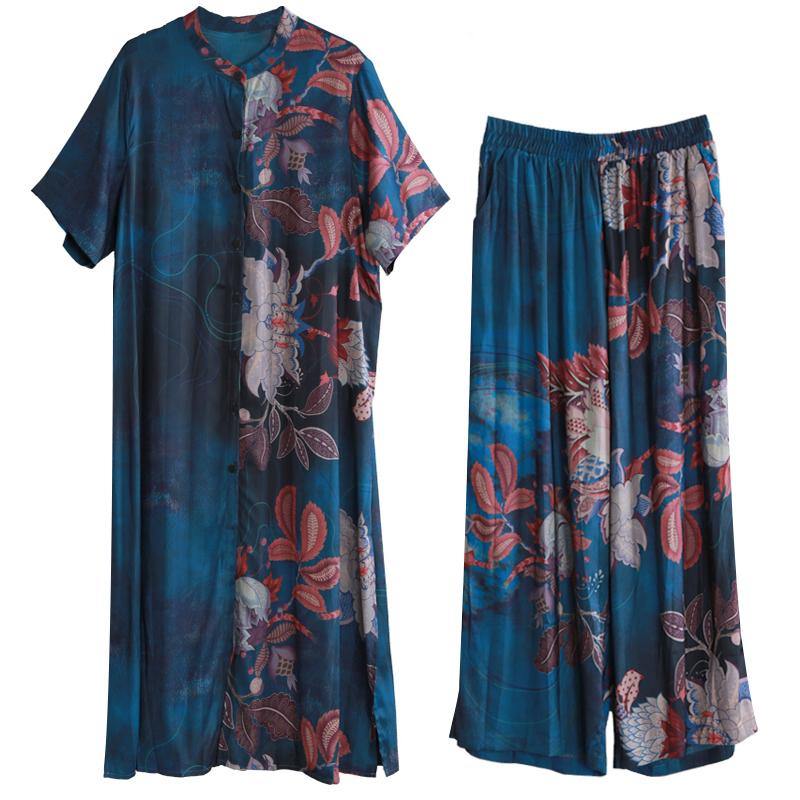 National wind blue color matching suit summer five-point sleeves loose two-piece suit - SooLinen