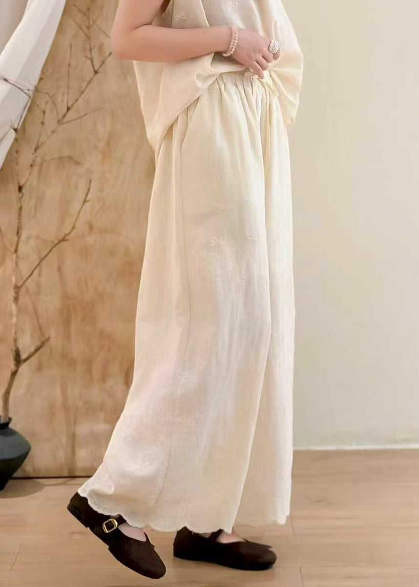 Natural Apricot Embroidered Cotton Wide Leg Pants Summer