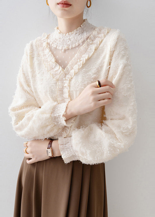 Natural Apricot Ruffled Patchwork Warm Fleece Blouse Tops Spring