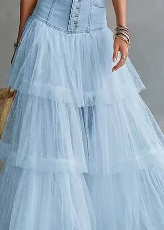 Natural Baby Blue High Waist Patchwork Tulle Skirts Summer