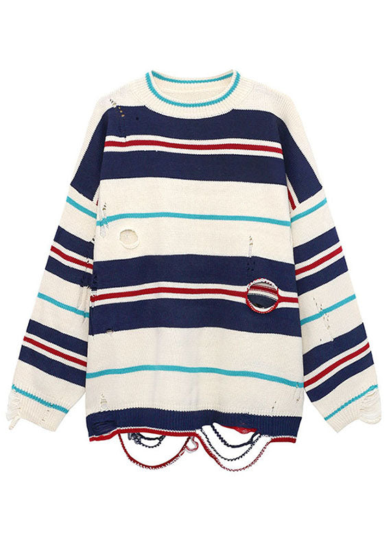 Naturbeiger locker gestreifter Patchwork-Strickpullover für den Herbst