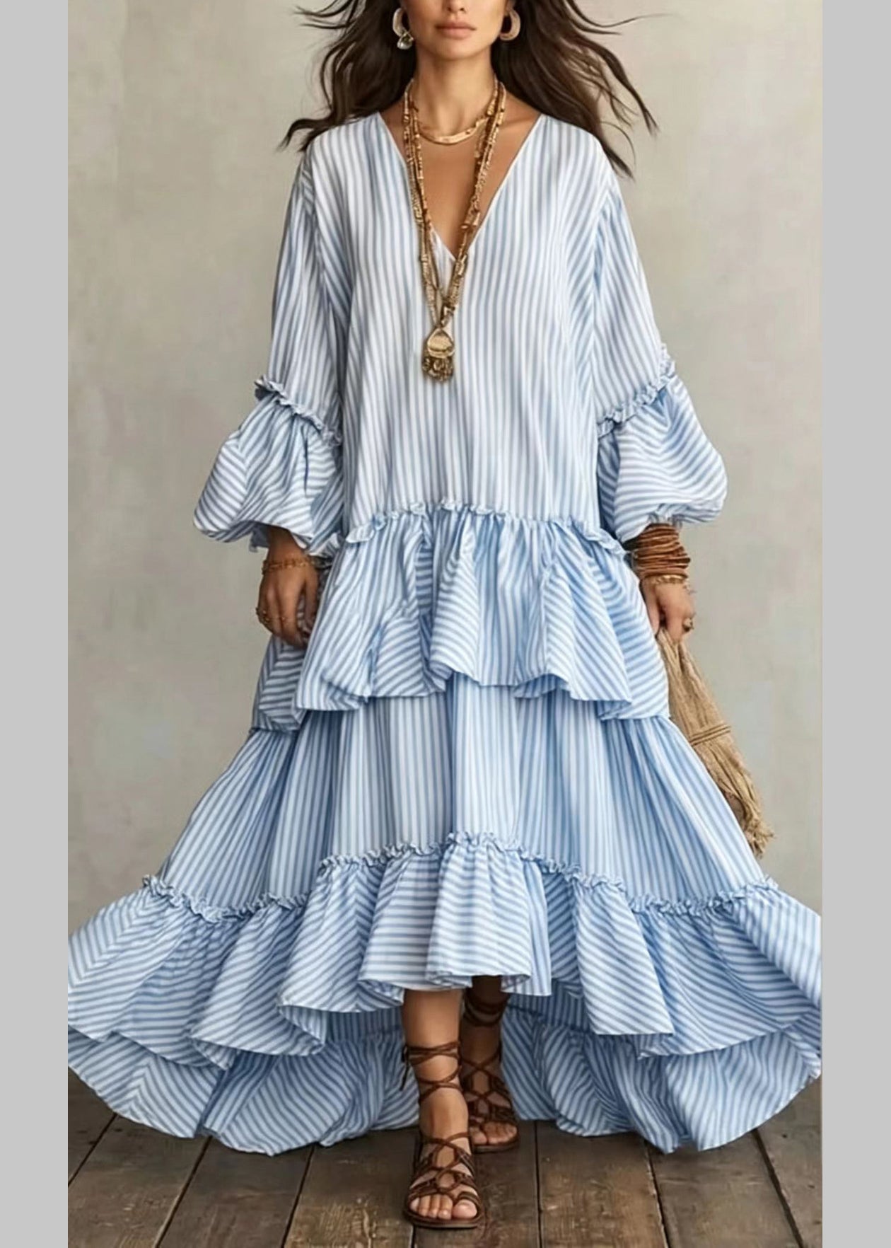 Natural Beige V Neck Asymmetrical Ruffled Long Striped Dress Puff Sleeve