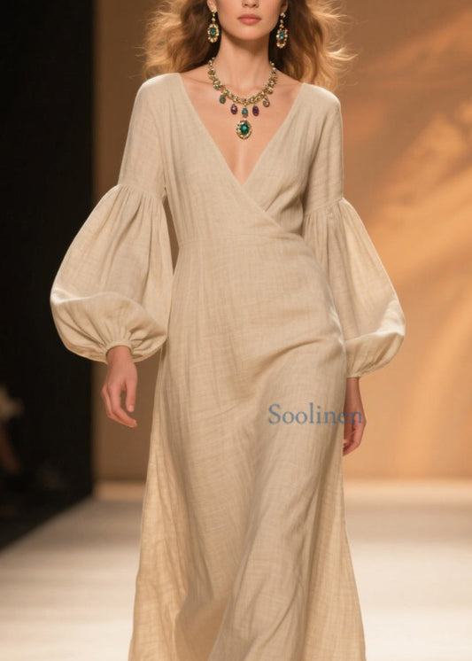 Naturbeiges Patchwork-Baumwollkleid mit V-Ausschnitt und Laternenärmeln